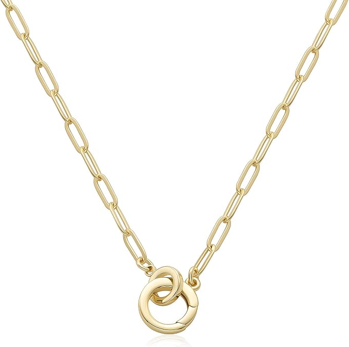 LANE WOODS Gold Paperclip Necklace for Women, 14K Gold Plated Circle Clasp