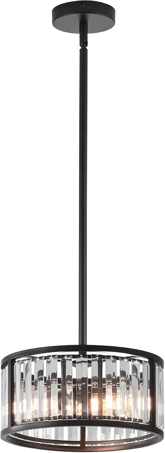 Black Flush Mount Ceiling Light, 2- Light Caged Crystal Chandelier, Small Drum Hallway Light fixtures Ceiling Mount (11 INCH Black Pendant Light(2-Light))