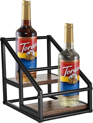 Coffee Syrup Rack Organizer,Liquor Bottle Display Shelf,2-Tier 4 Bottle Stand for Coffee Bar, Kitchen Station, Liquor, Wine, Dressing,Rustic Brown