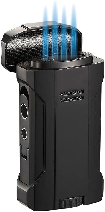 Visol Rhino 2.0 Quad Flame Butane Torch Lighter, Refillable, Windproof, Adjustable Flame, Built-in Rest, Two Built-in Punches, Stainless Steel, Black