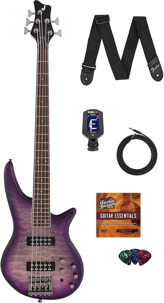 Jackson JS3QV Spectra Bass Guitar - Purple Phaze Bundle with Cable, Tuner, Strap, Picks, and Austin Bazaar Instructional DVD