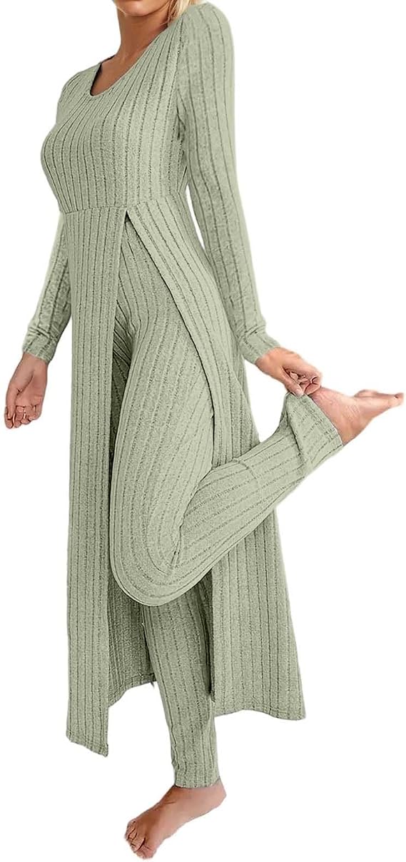 Knit Sets Two Piece Women Fall Trendy Casual Long Sleeve Long Dress Round Neck Soft Ribbed Knit Slit Top And Pants
