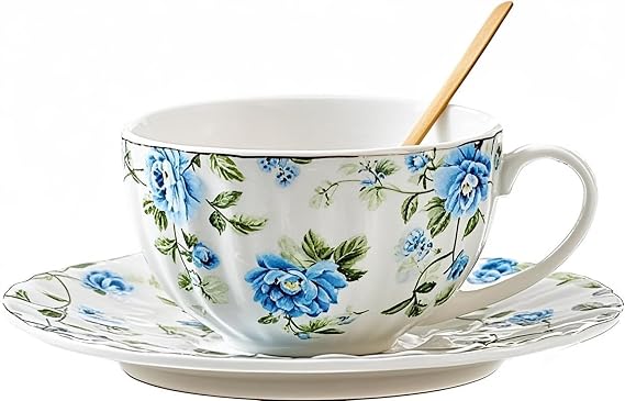 Ceramic Cup and Saucer Set, 6.8oz- Country Floral Pattern (Blue)