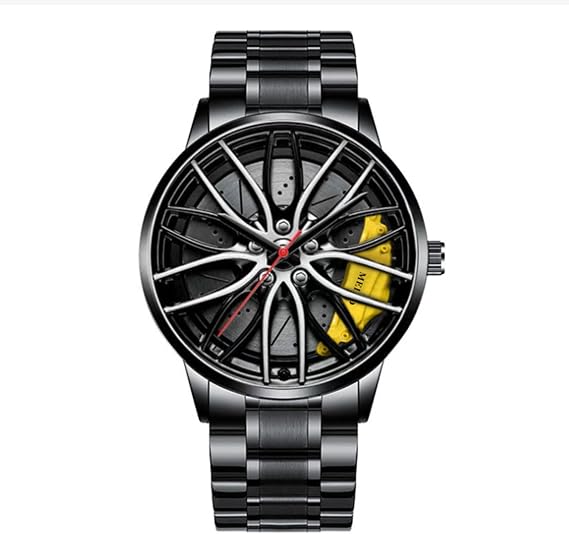 Singular-Point Men's Car Watch, Water Resistant Stainless Steel Automatic Quartz Movement Watch with Wheel Rim Hub Design Men's Wheel Non-Mechanical Watch