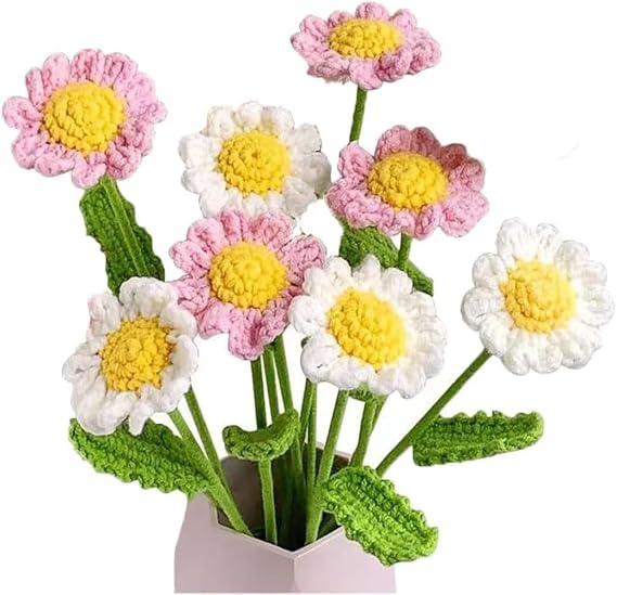 Crochet Chamomile Flowers 10Pcs, Handmade Daisy Bouquet Bendable