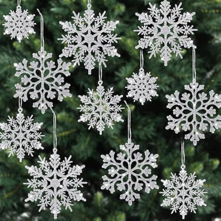 36 PCS Christmas Silver Hanging Snowflakes, Plastic Glitter Snowflake Christmas Tree Decorations for Indoor Winter Holiday New Year Wonderland Party Decoration