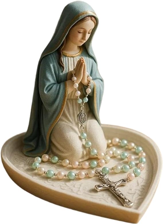 Virgin Mary Rosary Holder, Catholic Statue of the Virgin Mary, Elegant Our Lady Prayer Rosary Box Religious Decoration for Home Desktop