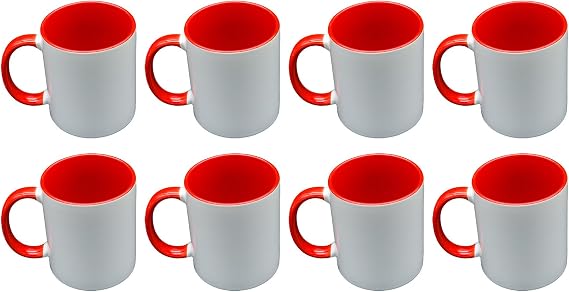 Sublimation Mugs 11 Oz, Red Inner & Handle - Premium Coffee Cups for Heat Press Projects - Versatile Coffee Mug Design Ideal for Personalized Creations, 8 Piece Set