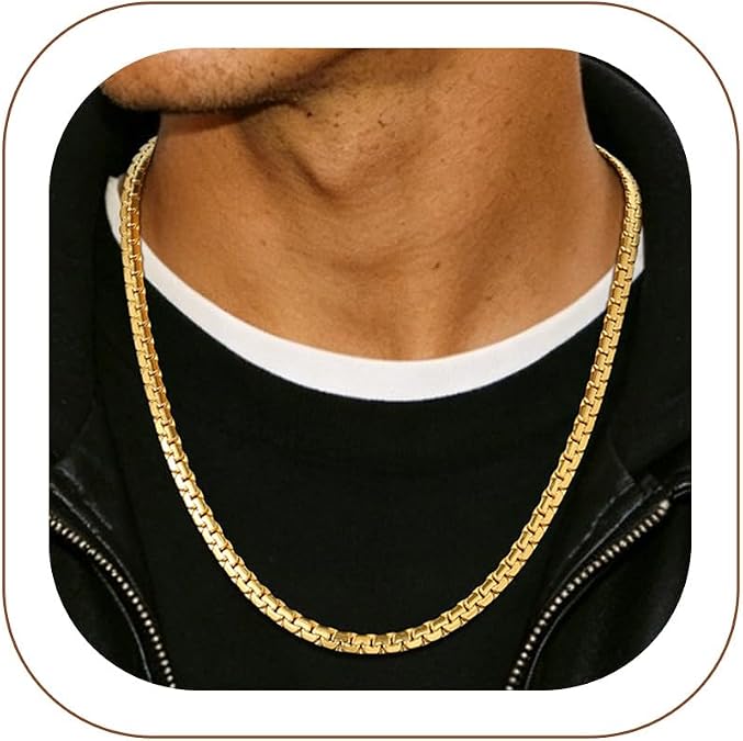 ChainsHouse Men's Flat Box Chain Necklace, 2/4/6/8mm Widths | Necklace for Pendant, Stainless Steel/Black/14K Gold Plated, Hypoallergenic Hip Hop Jewelry with Gift Box 18"-30" Length