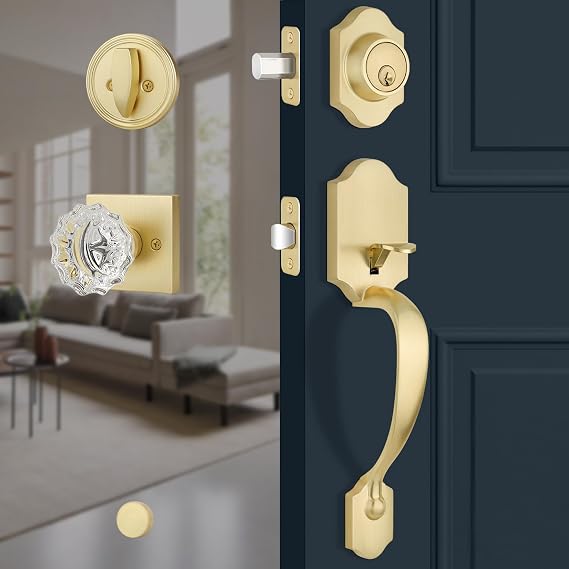EHOMEWARE Gold Front Door Lock Set, Exterior Door Handle with Single Cylinder Deadbolt, Entry Door Lock Set with Glass Door Knobs, Reversible for Left/Right Handed Doors