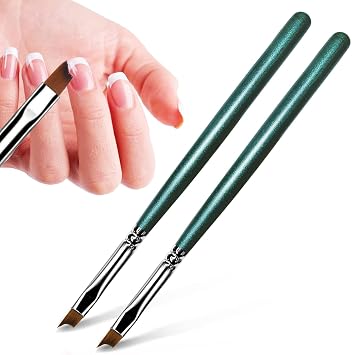 Oblique French Brush UV Gel Nail Manicure Brush Set Green Wooden Handle Pro Nail Art Design Brushes Pack of 2,YB-003