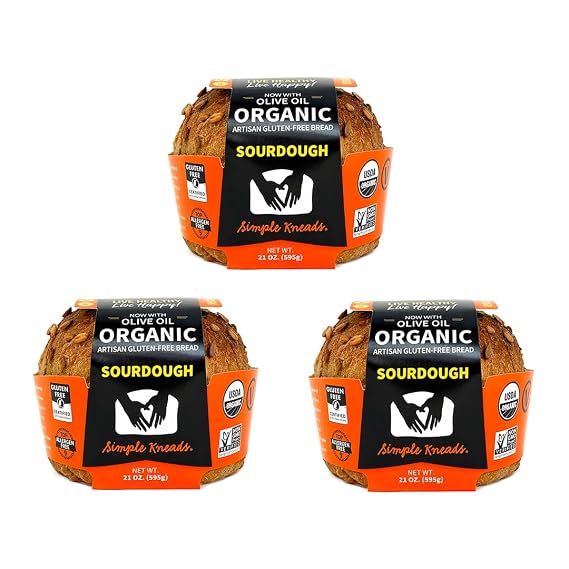 Simple Kneads Gluten-Free Sourdough Bread 3 Pack Organic, Top 9 Allergen-Free, Artisan-Style Loaves-Extra Virgin Olive Oil