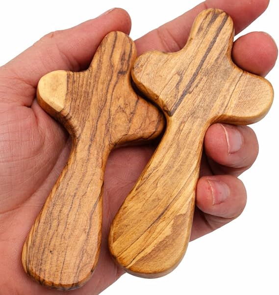 Zuluf Set of 2 Olive Wood Hand Crosses 3.7 (9.5cm) Medium Lutheran Comfort Crosses for Clinging & Prayer Christian Religious RCIA Holy Land Gifts