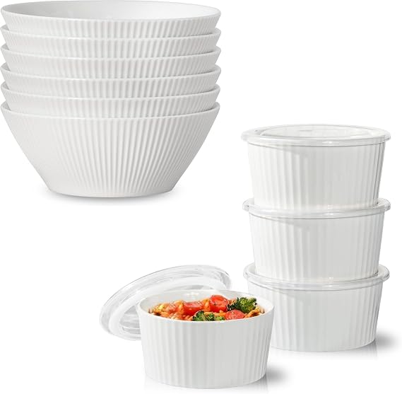 Taeochiy Large Soup Bowls 30 oz Set of 6 - White Serving Bowls, Ceramic Bowl with Lid - Microwave Soup Bowls with Lids Serving Bowls