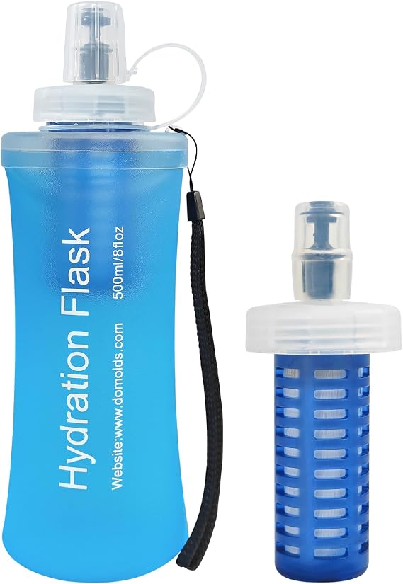 500ml Soft Flask Water Bottle, Collapsible Water Bottle with Filter, Perfect for Hiking, Backpacking, and Camping - Blue