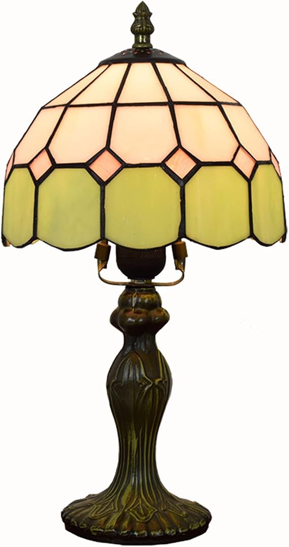 Small Tiffany Style Lamp Plaid Stained Glass Bedside Table Lamp 8 Inches Lamp Shade Desk Light Metal Base Decor Bedroom Living Room Home Office,Green
