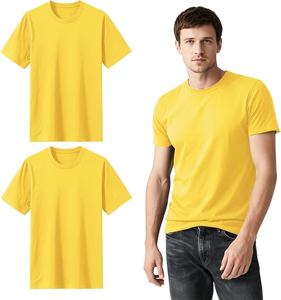 ORJ 2 Pack Yellow t Shirts Crew Neck Short Sleeve Men's Undershirt Plain Polyester tee Bulk Stretch Soft Tees