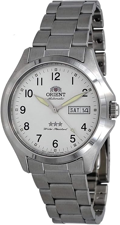 Orient RA-AB0F15S Men's Stainless Steel 3 Star Silver Numbers Dial Day Date Automatic Watch