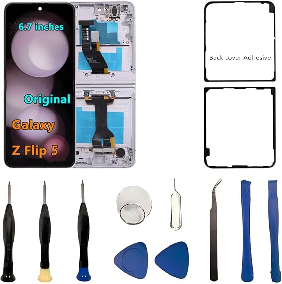 6.7" Original AMOLED for Samsung Galaxy Z Flip 5 Screen Replacement Z Flip5 5G SM-F731U SM-F731U1 Inner Foldable Display Touch Screen Digitizer Assembly. (with Purple Frame+Back Cover Adhesive+Tools)
