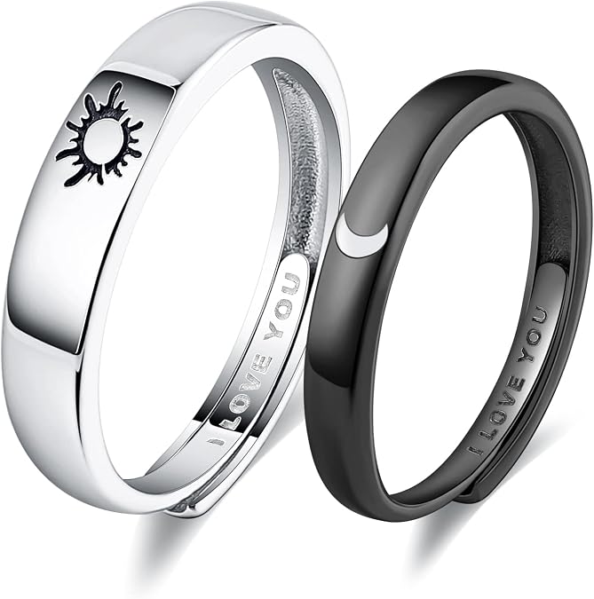 Beydodo 925 Silver Rings Custom Adjustable Sun and Moon Matching Rings Engraved I Love You Couples Rings Wedding