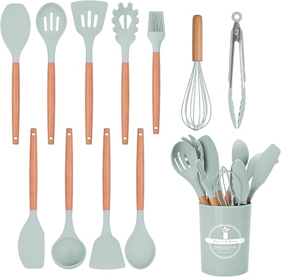 Kitchen Utensil Set, 12 PCS Silicone Cooking Utensils Set with Wooden Handle, Heat Resistant, Nonstick Cookware Tongs Spatula Spoon Set, Dishwasher Safe, Best Kitchen Tools (Green)