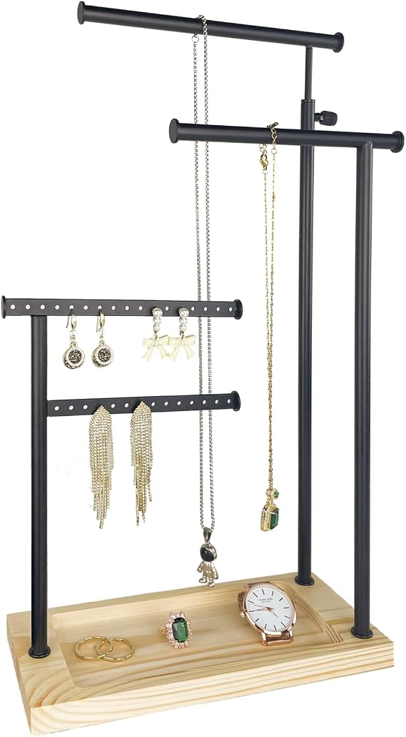 lengnoyp Premium Jewelry Stand, 4-Tier Storage Necklace Holder Stand, Earring Holder AdjustableTall 20I N (Max), Jewelry Organizer for Necklace, Bracelet, Earring, Black