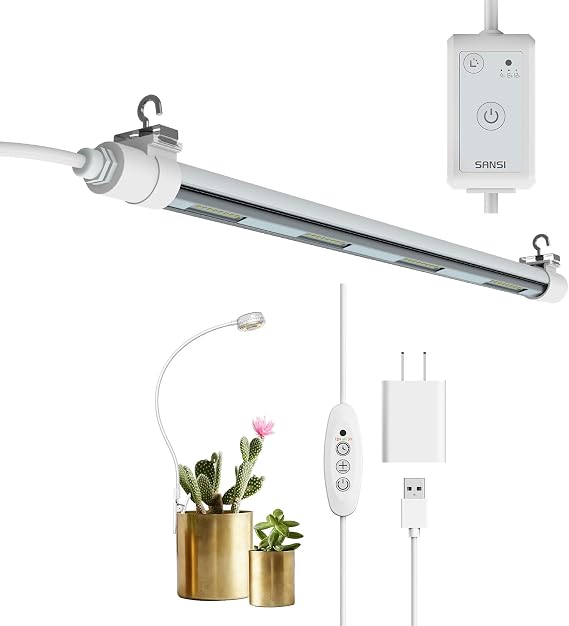SANSI Grow Lights for Indoor Plants 4000K Full Spectrum, Pot Clip LED Grow Light 1-Pack + 2FT T8 Grow Light Strips 1-Pack, Auto On Off 3-Level Timer, 4-Level Dimmable for Seed Starting