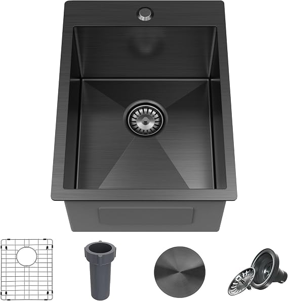 15 x 20 x 9 Inch Black Drop In Kitchen Bar Sink, Small Kitchen Sink Single Bowl Topmount Bar Prep Sink 18 Gauge Stainless Steel Bar Sink with Grid and Basket Strainer