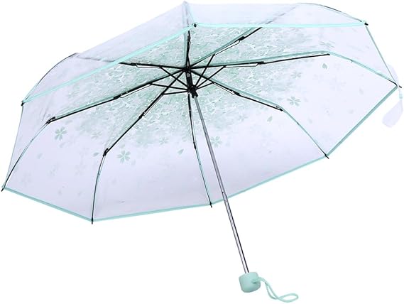 Clear Umbrella,Paraguas Infantil 1Pc Transparent Folding Umbrella Fashionable Princess Umbrella Cherry Blossom Windproof Travel Umbrella , For Girls Boys Students(Light Green)