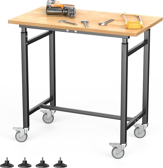 TORACK Adjustable Workbench with Rubberwood Top, Rolling 32x18 in Worktable