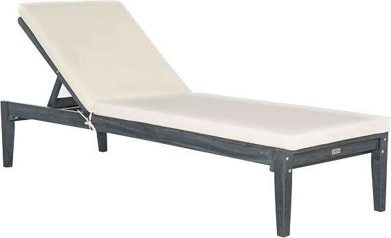 SAFAVIEH Outdoor Collection Arcata Ash Grey Solid Wood/Beige Cushion Adjustable Chaise Lounge Chair (PAT6730B)