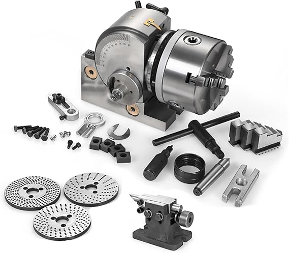 4/5/6" universal milling head set,Precision Semi Universal Dividing Head for Milling Machine Rotar,W/ 3 Indexing Plates,Tailstock & 3 Jaw Chuck, for Milling Grinding Drilling Machine(100mm/4in)