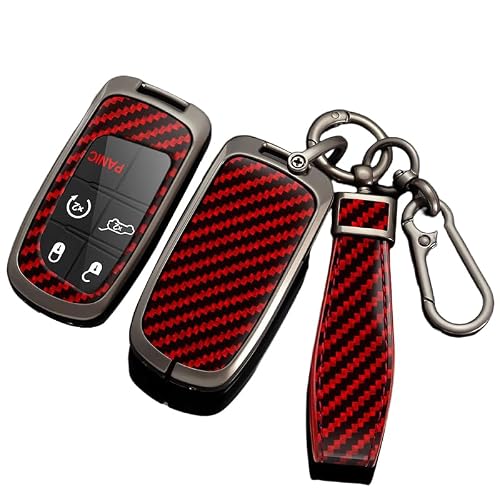 RYE for Jeep Key Fob Cover, Zinc Alloy Key Fob Case Carbon Fiber Texture for Grand Cherokee Renegade Compass 345 Buttons Remote Key Fob Red, Come with Keychain