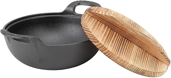 Cast Iron Wok with 2 Handle and Wooden Lid, Seasoned Cast Iron Wok Chinese Wok, Deep Frying Pan with Flat Base Uncoated for Stir Fry Grill Steam Authentic Asian Chinese Food (20cm)