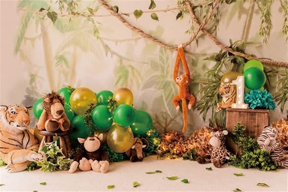 Laeacco Jungle Animal Themed 1st Birthday Backdrop for Photography 7x5ft Summer Tropical Ballons Photo Background Boy Birthday Party Decor Baby Shower Banner Kid Portrait Photostudio Props Vinyl