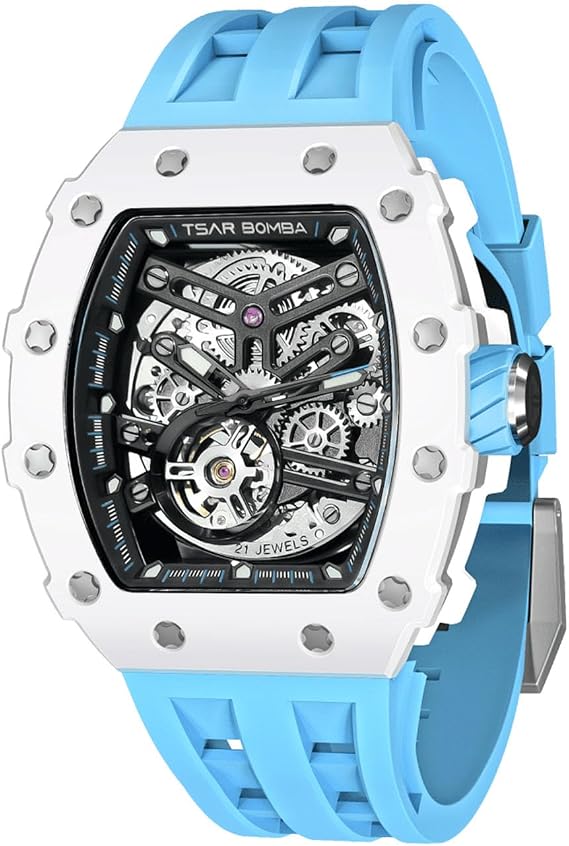 TSAR BOMBA Men's Watch Automatic 50M Waterproof Mechanical Wristwatch Skeleton Tonneau Design Luxury Square Stylish Sports Work Analogue Watches for Men Gift for Men Silicone Strap
