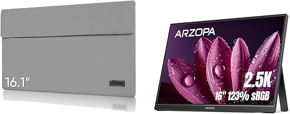 ARZOPA 16" 2.5K Portable Monitor, 2560x1600 QHD 123% sRGB IPS Display and 16.1 Portable Monitor Sleeve Case Bundle