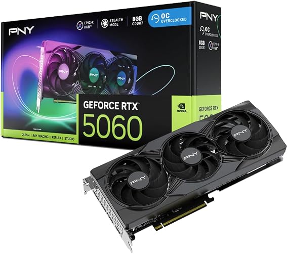 PNY NVIDIA GeForce RTX 5060 8GB ARGB Overclocking Triple Fan Graphics Card DLSS 4, PCIe 5.0, HDMI/DP 2.1, 2-Slot, Epic-X RGB Lighting