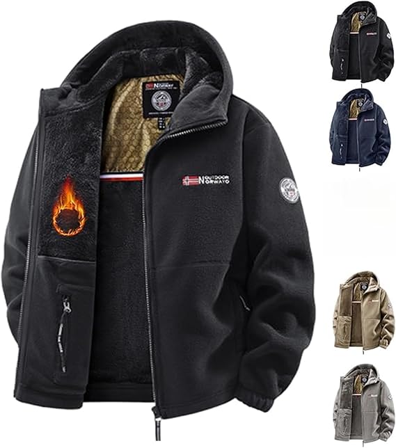 Mens Double-Layer Fleece Hooded Jacket, Unisex 360-Degree Ultra-Warm Sherpa Jacket Winter Thick Outdoor Coats