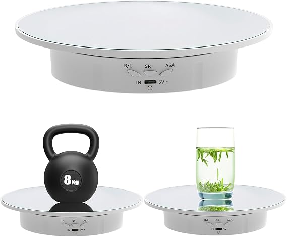 Electric Turntable, 360 Degree Adjustable speed Revolving Base for Photography,Jewelry,3D Models,Watch, USB Power Supply,Motorized Turntable/7.8 inches/Load 17 LB (White Mirror)