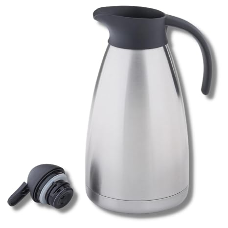 TableCraft 10297, Stainless Steel Thermal Coffee Carafe, 34 oz (1 Liter), Vacuum Insulated Beverage Dispenser, Thumb-Press Lid for Serving, Hot or Cold, Commercial Grade