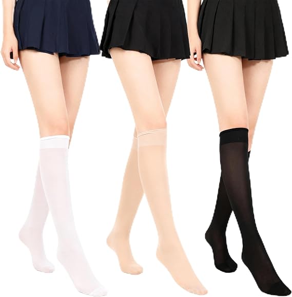 Thinp 3 Pairs Sheer Knee High Stockings, Elastic 15D Nylon Sheer Trouser Stockings with Reinforced Toes Tight Knee High Stocking for Women Perfect Pairing For Skirts, Dresses, Shorts - 3 Colors