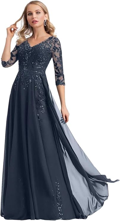 Women's Mother of The Bride Dresses for Wedding Long 3/4 Sleeve Chiffon Lace Applique Formal Evening Prom Gowns 835