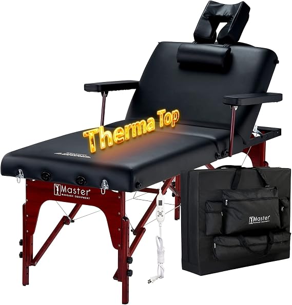 Master Massage 79cm Montclair Salon Spa Beauty Therma Top Best Portable Heated Folding Massage Table Bed Couch Package for Facial Tattoo, Black Color with Memory Foam