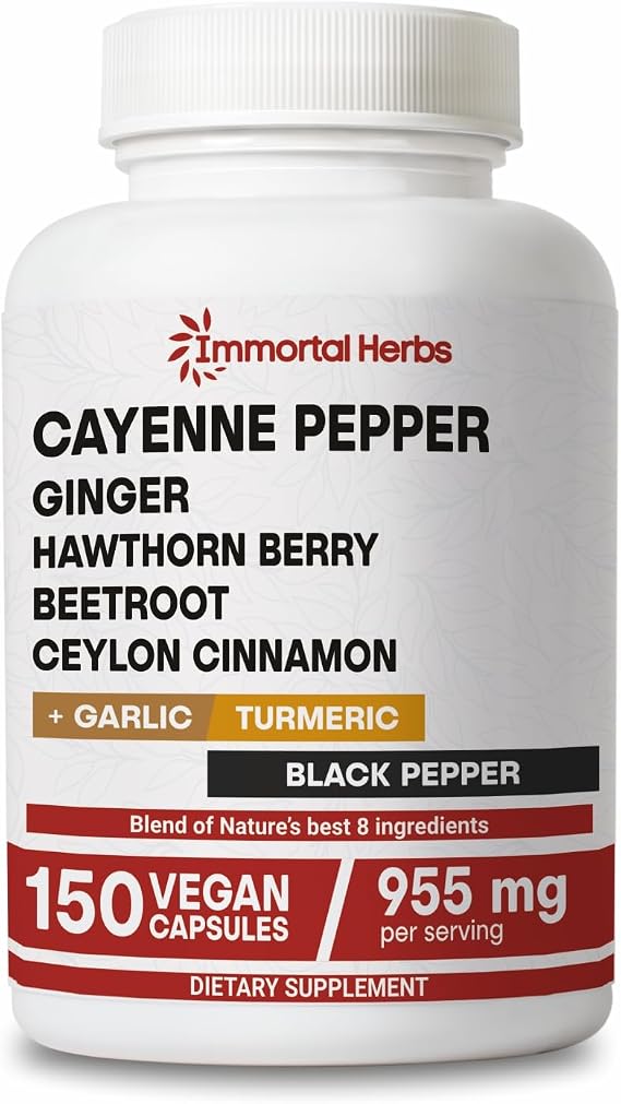 Cayenne Pepper Capsules w/Garlic, Ginger, Hawthorn, Turmeric, Cinnamon, Beet Root and Black Pepper Extract, 150 Cayenne Capsules, Non-GMO & Gluten Free Capsaicin Supplement