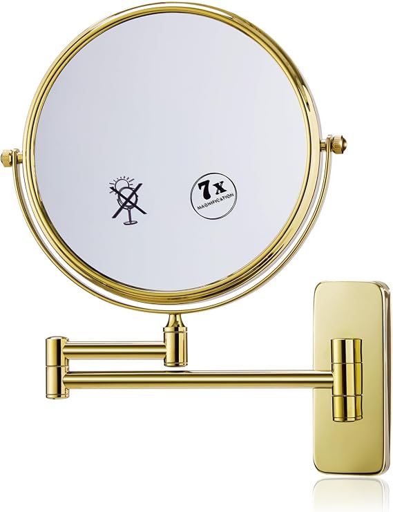 Nicesail Wall Mounted Magnifying Makeup Mirror 8", Gold-7x | Wall Mount 7X Magnifying Shiny Gold Vanity Mirror for Bathroom, Extendable Swivel, Brass, 304 Stainless Steel Hotel or Home