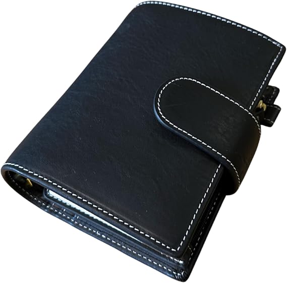 A7 Organizer Minerva Box Genuine Leather Journal Notebook,Stalogy Rings Planner Pocket size Notebook with 25MM Binder Mini Agenda Diary (Black)