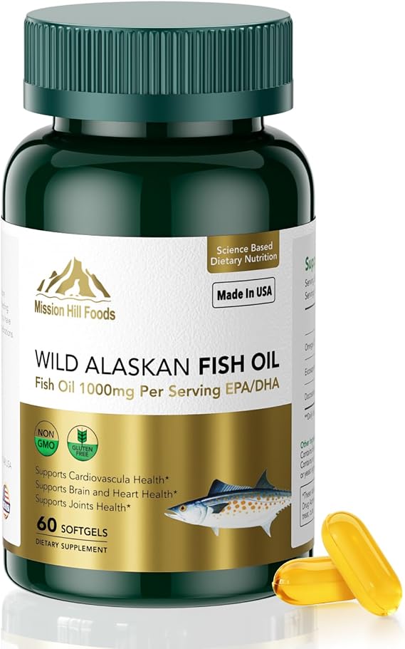 Triple Strength Wild Alaskan Fish Oil Omega-3-1000mg with 600mg EPA & 400mg DHA - Burpless Softgels for Heart, Brain, Joint & Eye Health - 60 Softgels (1mo Supply) - Non-GMO, Pescatarian Friendly