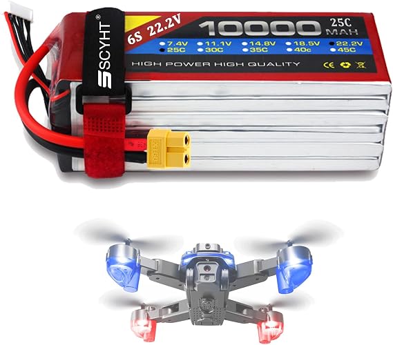 Lipo Battery 6S 22.2V Lithium Battery 10000mAh Replacement Batteries 22.2V Rechargeable Batteries for Drone with XH-6S Port for 50W - 222W Motor Kit,22.2v10000mah xt60