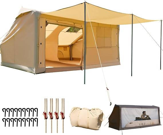 Inflatable Tents for 8-10 People, 600D Oxford Blow up Tent with Extended Canopy, Easy Set-up Waterproof Glamping Cabin for 8-10 People